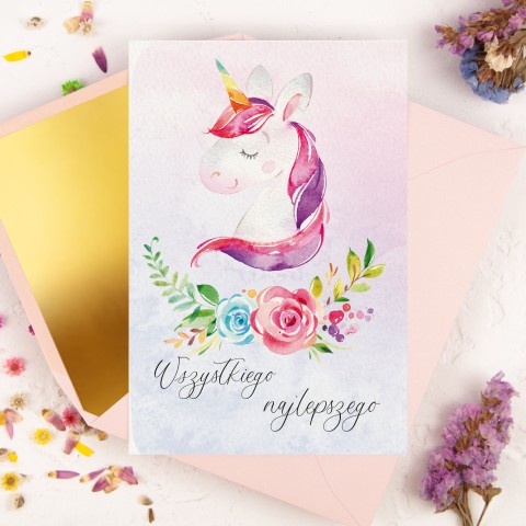 Kartka na urodziny dla dziewczynki z pastelowym małym jednorożcem - Little Unicorn